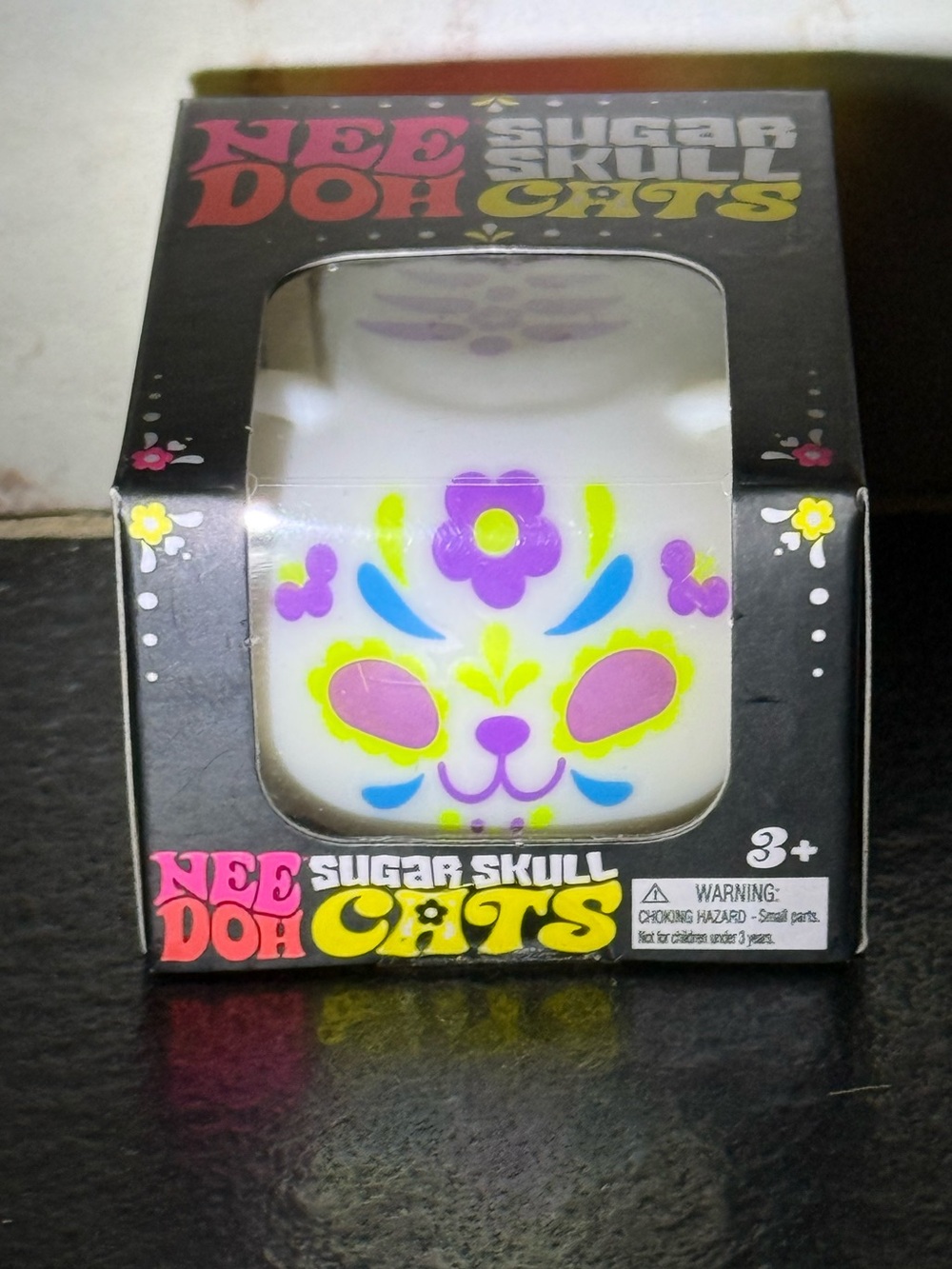 NeeDoh Sugar Skull Cats Squishy Toy - White with Purple & Yellow Accents